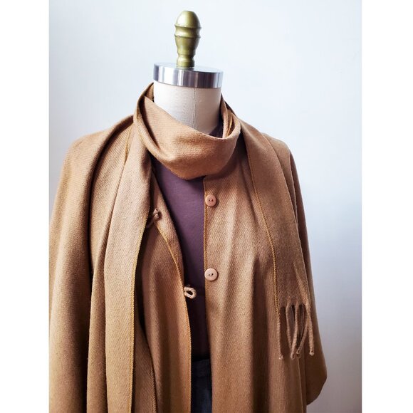 90's Camel Longline 100% Lambswool Wool Cape with Attached Scarf - Picture 4 of 5